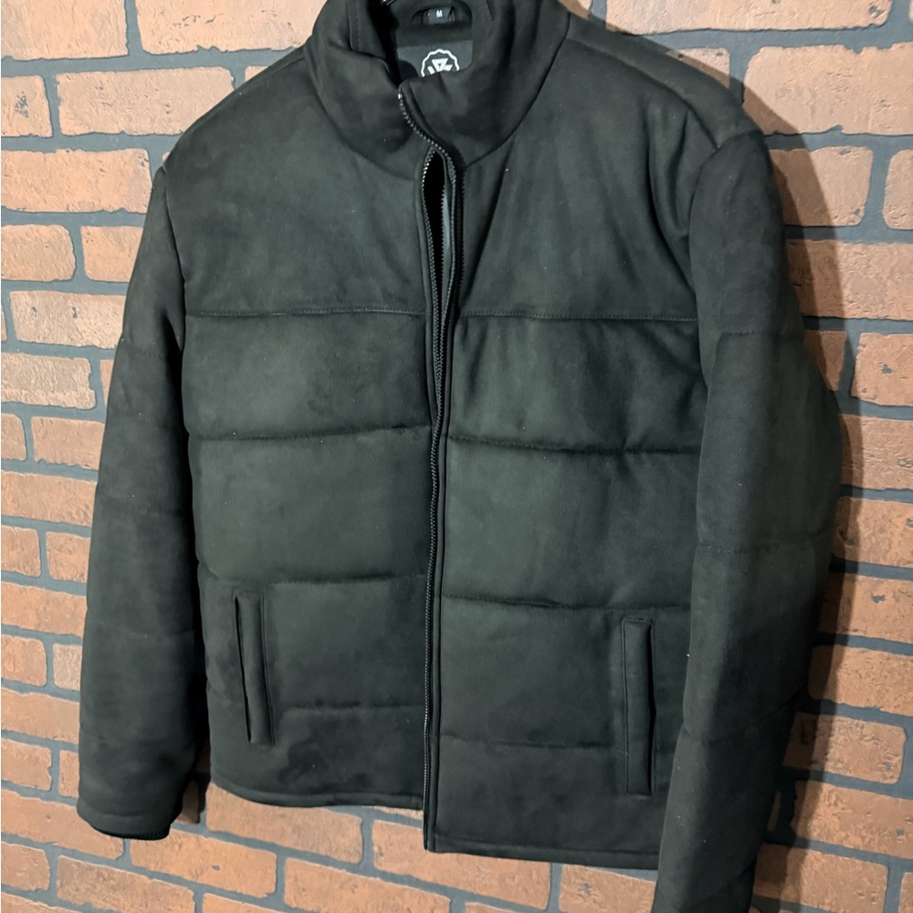Men's Sleek Black Puffer Jacket faux suede NWT